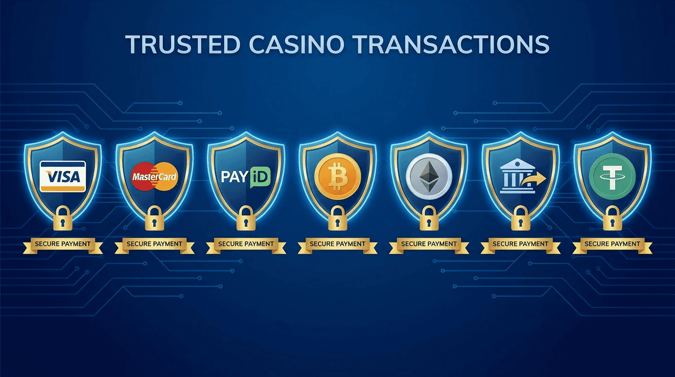 Secure payment methods at Royal Reels 22 Casino including VISA, Mastercard, PAYiD, Bitcoin, and Ethereum with SSL encryption